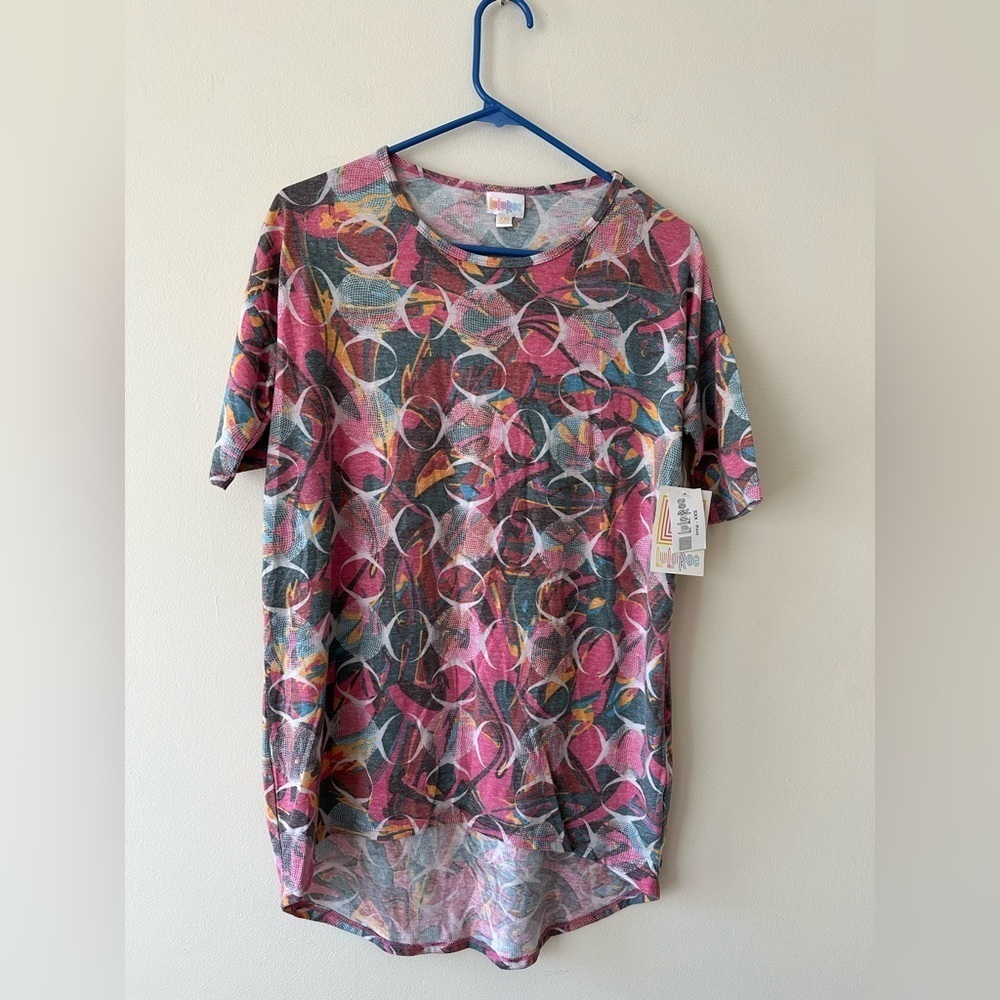 Lularoe Irma Pink Brown High Low Short Sleeve Relaxed Fit Blouse Sz XXS NWT